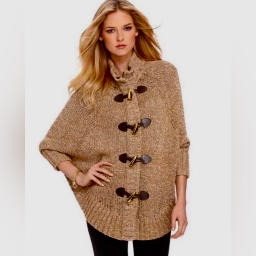 Michael Kors Chic Women's Tan Zip SnapToggle Poncho Knit Wool Sweater Gold P/S